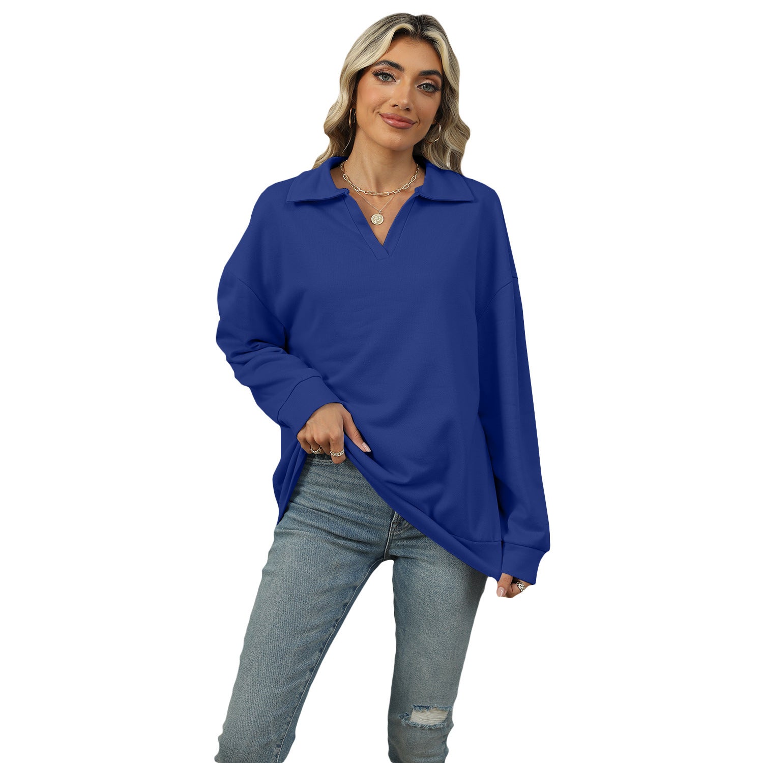 New Lapel V-neck Sweatshirt Fashion Casual Loose Solid Color  Long-sleeved Pullover Top For Womens Clothing