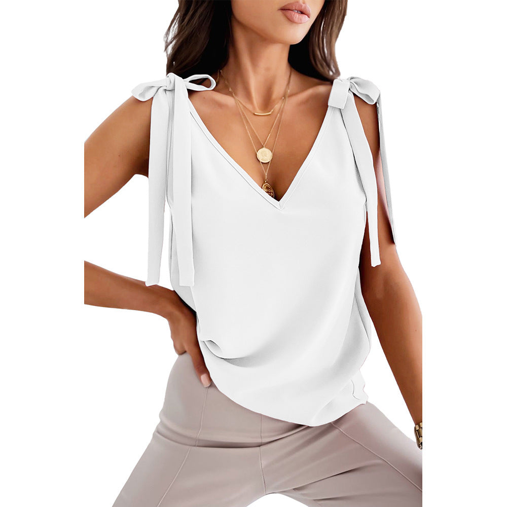 Bowknot Tie Up Camisole V-neck Shirts - Women's Summer Sleeveless Tank Tops