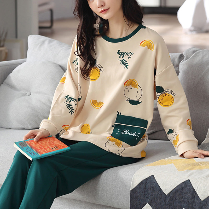 Loose Print Pajamas Women Autumn Winter Pyjama Set Long Sleeves And Trousers Sleepwear - Minihomy