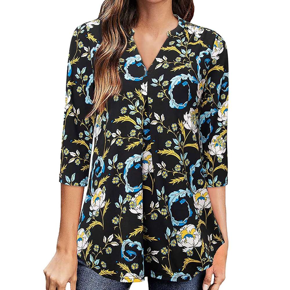 Flowers Print Tops V Neck Long Sleeve Flowers Print Shirt Women Blouse - Minihomy