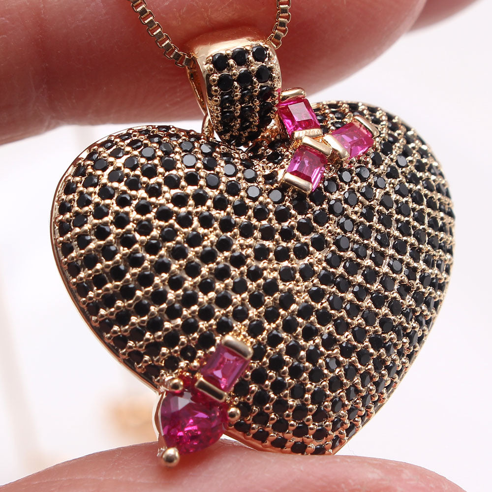 AAA Full Zirconium Necklace: Women's Real Gold Plated Copper Peach Heart Necklace Jewelry - Minihomy