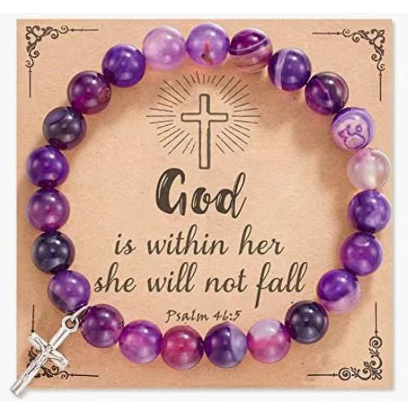 8mm Heart Bracelet Striped Purple Agate Cross Pendant Elephant Bracelet - Minihomy