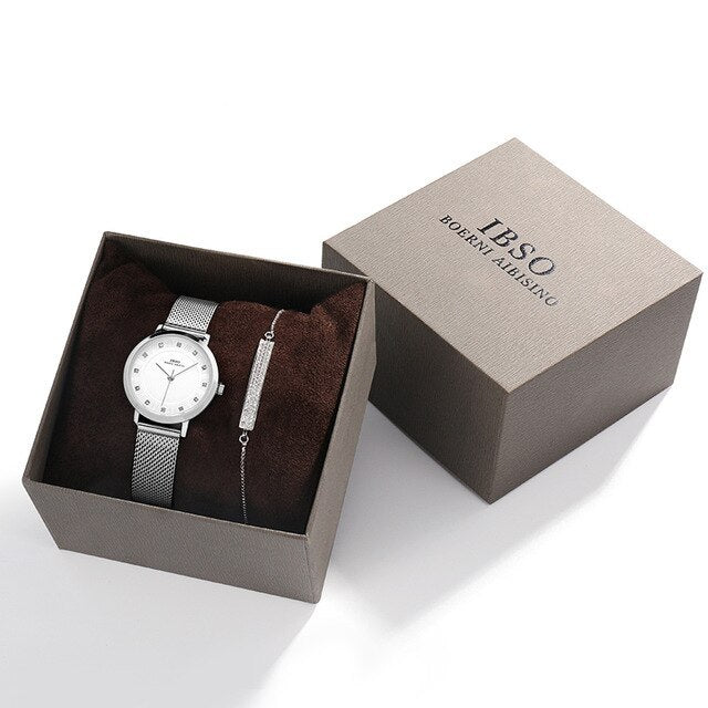 Women Quartz Watch Set 8mm Thin Silver Mesh Stainless Steel Bracelet Quartz Clock Set Ladies Birthday Gift
