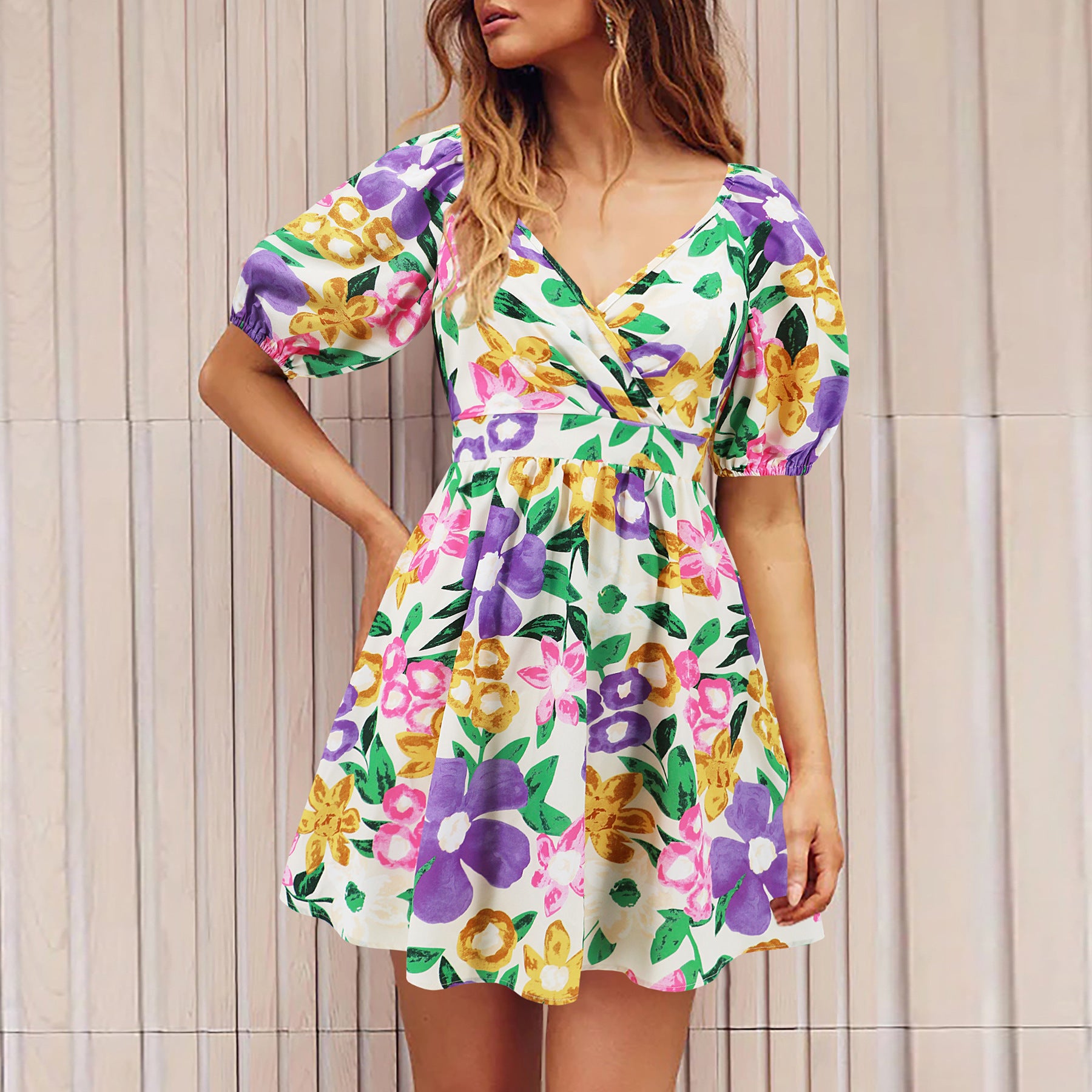 Women's V-Neck Lantern Sleeve Floral Print Summer Beach Dress - Y2K Fashion