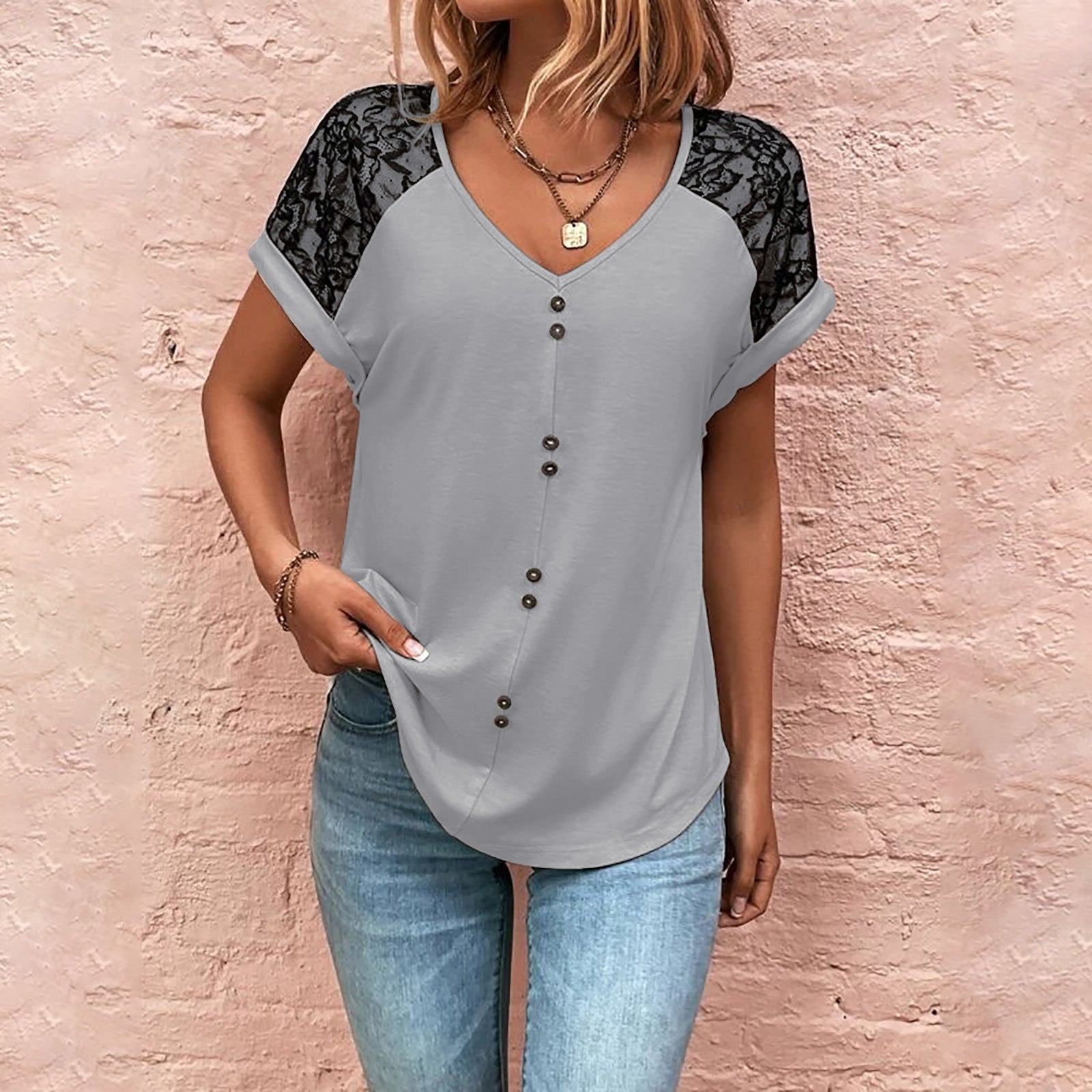 V-neck Top With Button Casual Summer Short Sleeve Pullover Shirt