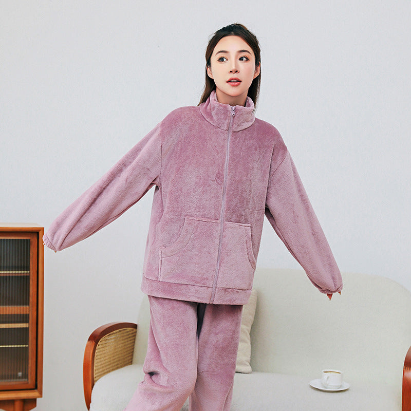 Winter Pajamas Sets Homewear With Pockets Design Thickened Coral Velvet Stand Collar Warm Pajamas