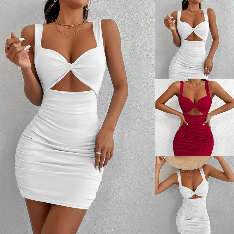 Solid Color New Dress Square Neck Sleeveless High Waist Short Wind Package Hip Dress