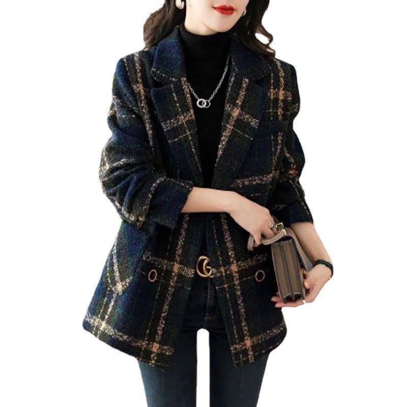 Coat Slimming Retro Plaid Patchwork Wool Female Suit