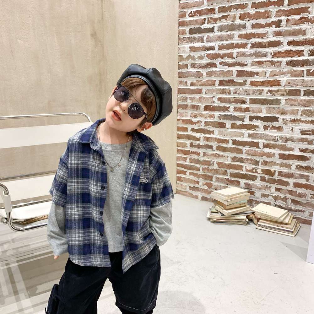 Boys plaid shirt stitching t-shirt - Minihomy