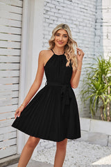 Halter Strapless Dresses For Women Solid Pleated Skirt Summer Beach Sundress - Minihomy