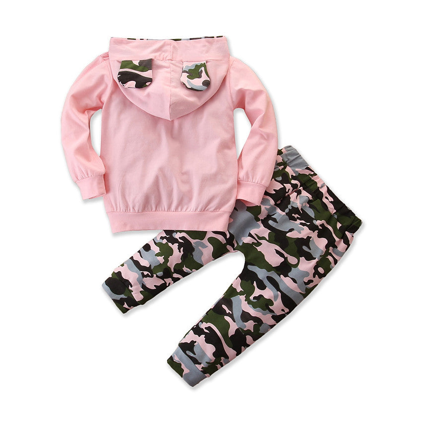 Girls Hooded Sweater Small Suit Camouflage 2 Piece Set