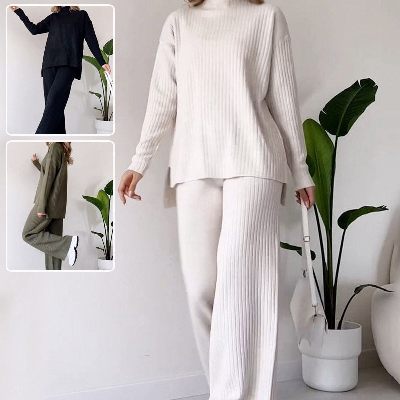 Women's Knitted Turtleneck Suit Set - Loose Split Long Sleeve Top & Trousers