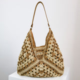 Women's Handmade Straw Woven Hollow Contrast Color Weave Shoulder Bag