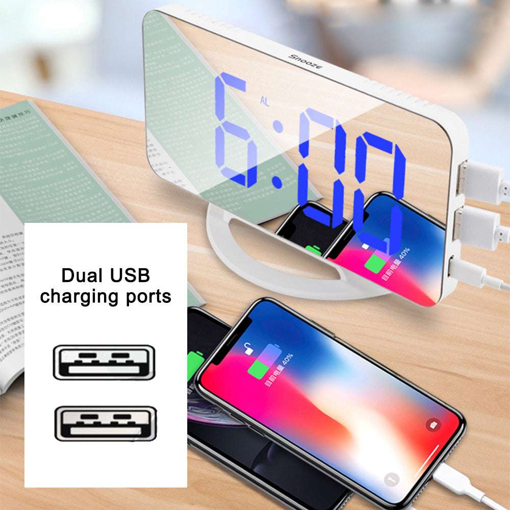 Digital Mirror Clock Dual USB Brightness Adjustable LED Display Table Alarm Dual USB Snooze Time Display For Home Office Bedroom - Minihomy