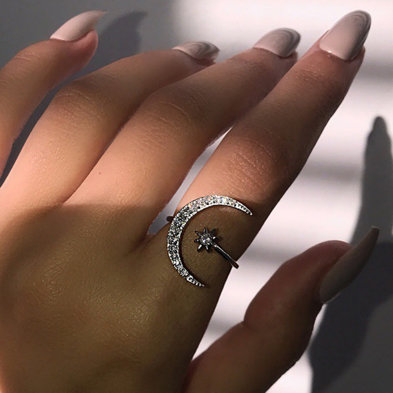 Moon And Star Opening Rings: Fashionable Rhinestone Jewelry - Minihomy