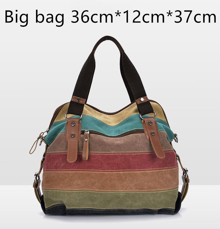 KVKY Brand Fashion Canvas Bag Brand Women Handbag Classic Patchwork Casual Female Shoulder Bags Striped Rainbow Purse Pouch - Minihomy