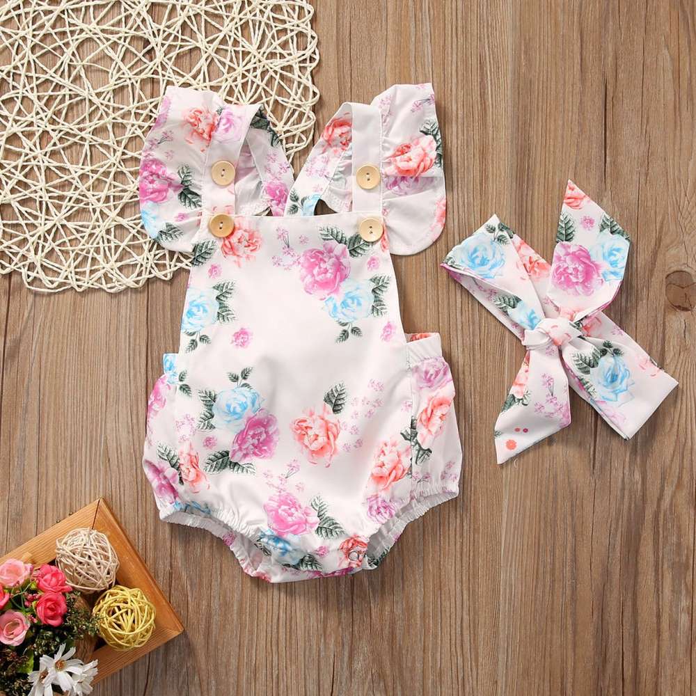 Floral Ruffled Set Infant Casual Trend Cute Little Floral Triangle Dress Two Piece Suit - Minihomy