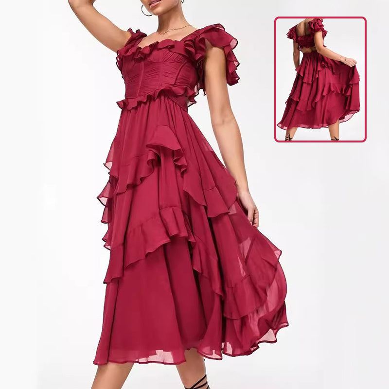 Summer Party Dress: Ruffled, Backless, Square Neck, Short Sleeve