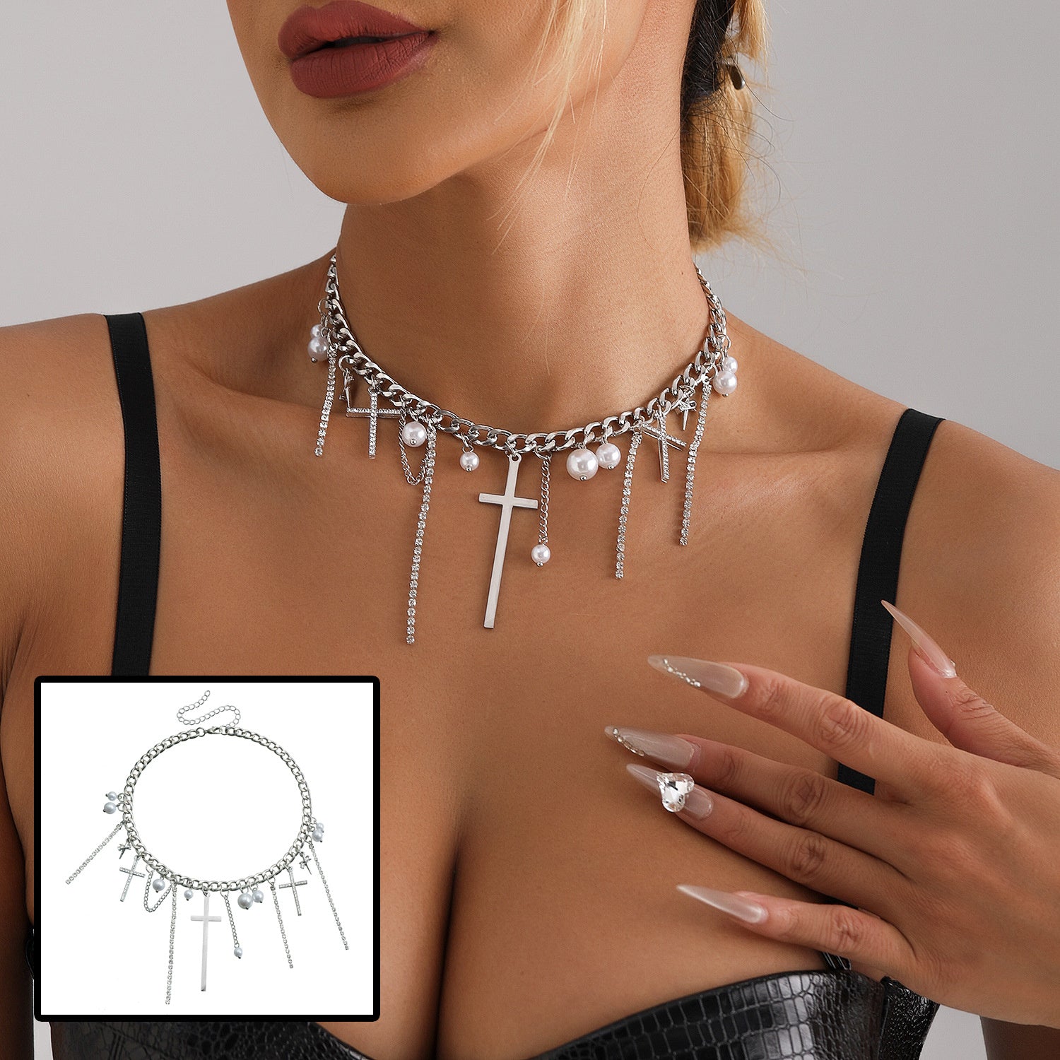 Spicy Girl Pearl Tassel Necklace: Cool Cross Collarbone Chain Jewelry