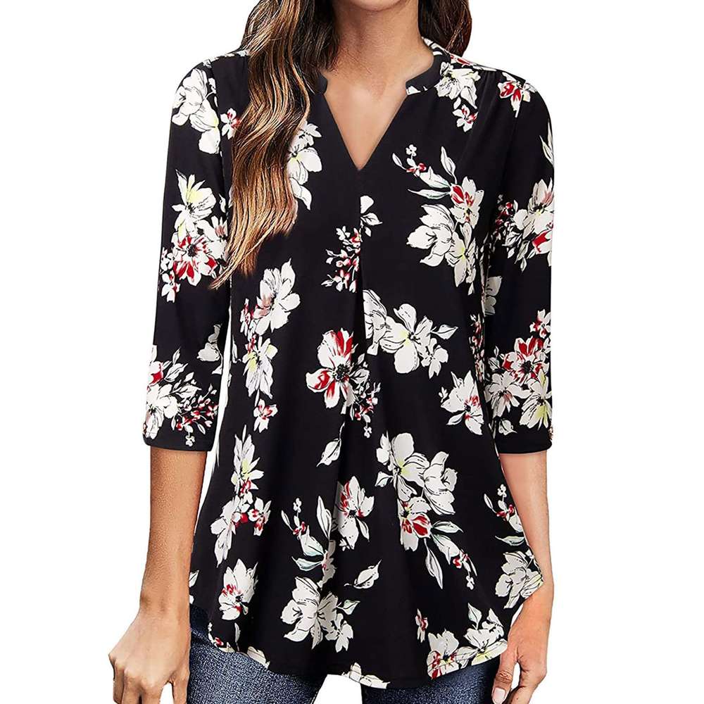 Flowers Print Tops V Neck Long Sleeve Flowers Print Shirt Women Blouse - Minihomy