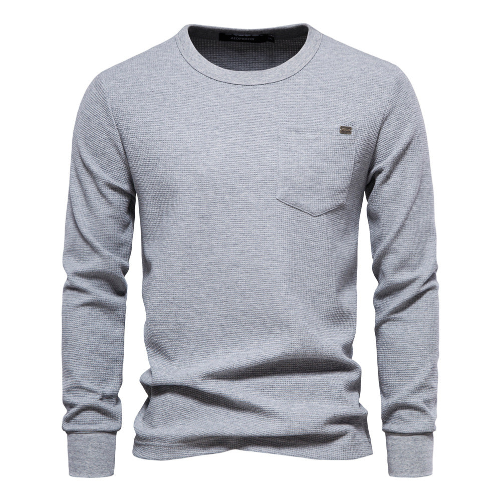 Men's Round Neck Pocket Waffle Long Sleeve Top