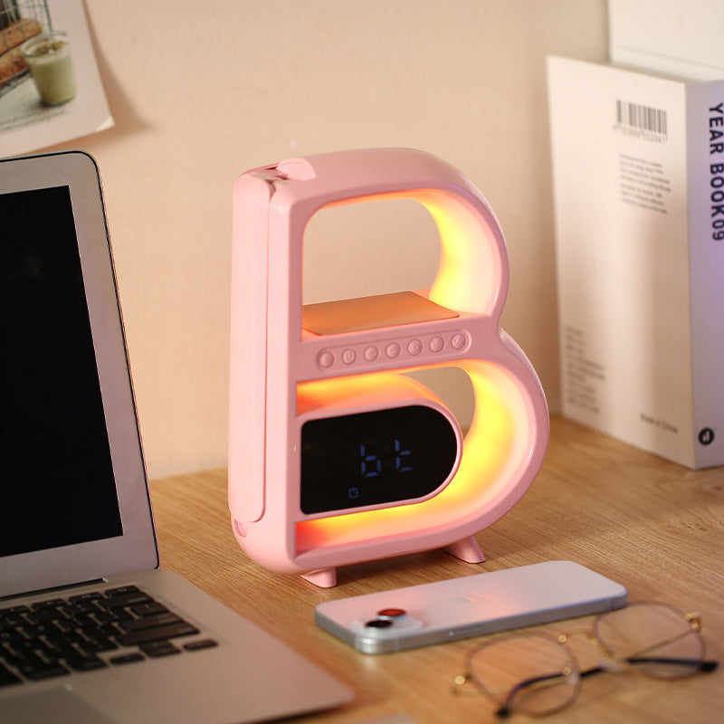 B-Shaped Bluetooth Speaker with Wireless Charger, Smart Music Rhythm Lighting, and Alarm Clock