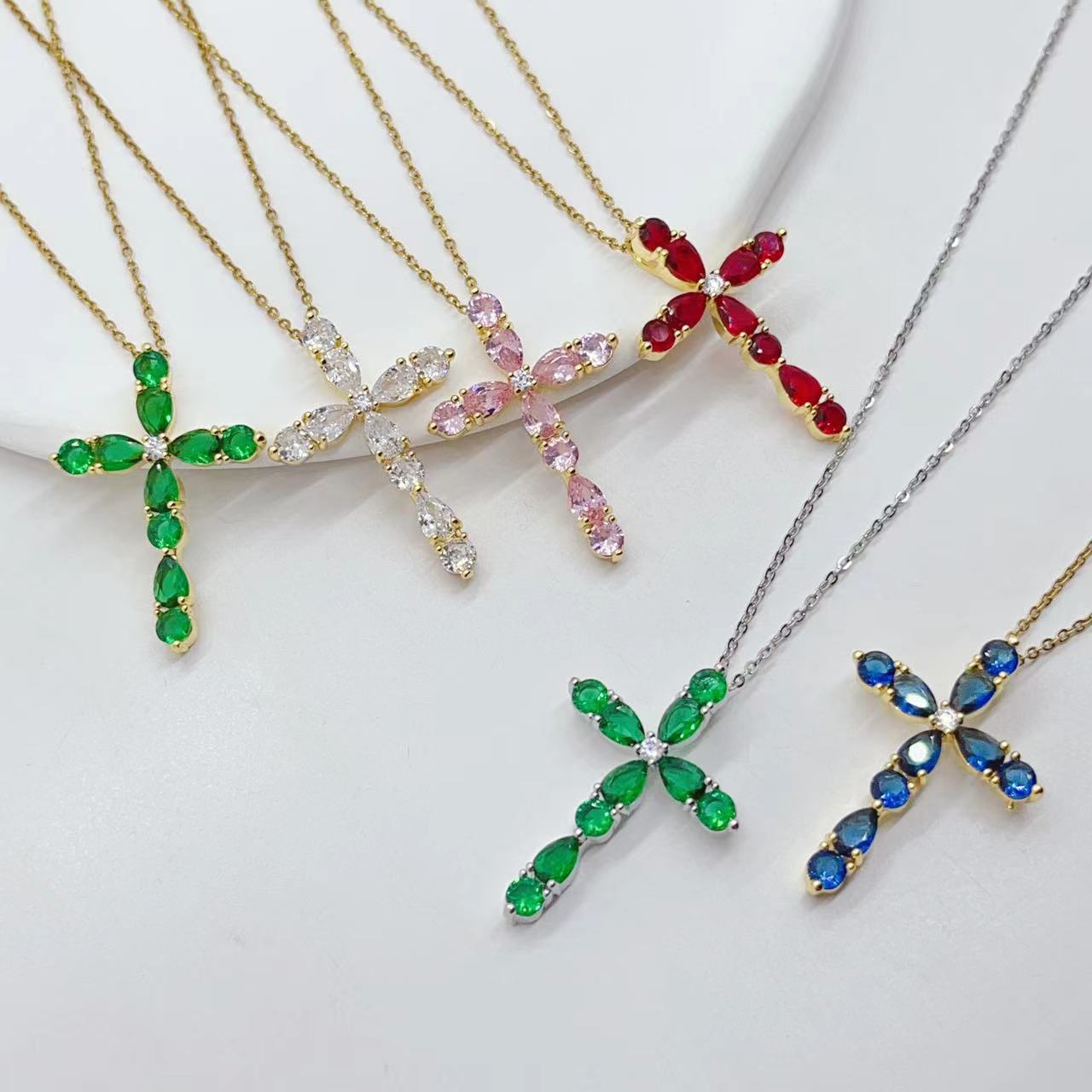 Micro Inlay Colorful Zircon Water Drops Cross Necklace: Symbol of Elegance and Faith - Minihomy