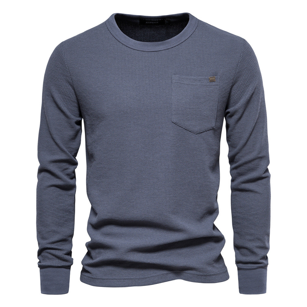 Men's Round Neck Pocket Waffle Long Sleeve Top