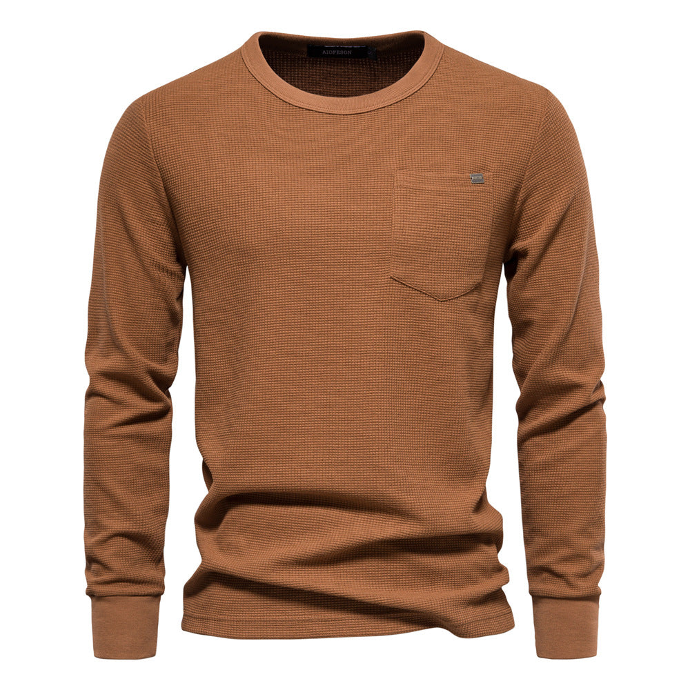 Men's Round Neck Pocket Waffle Long Sleeve Top