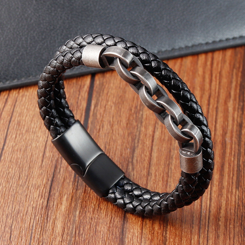 Black Genuine Leather Chain Bracelet with Magnetic Buckle