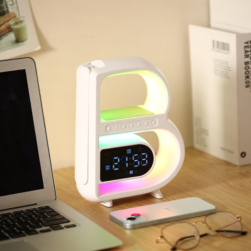 B-Shaped Bluetooth Speaker with Wireless Charger, Smart Music Rhythm Lighting, and Alarm Clock