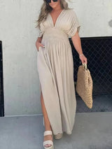 Summer V-Neck Batwing Sleeve Dress with Elastic Waist - Women's Casual Short Sleeve Maxi Dress