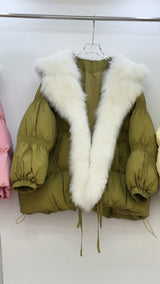 Short Loose Big Fur Collar White Duck Down Jacket Women's Coat