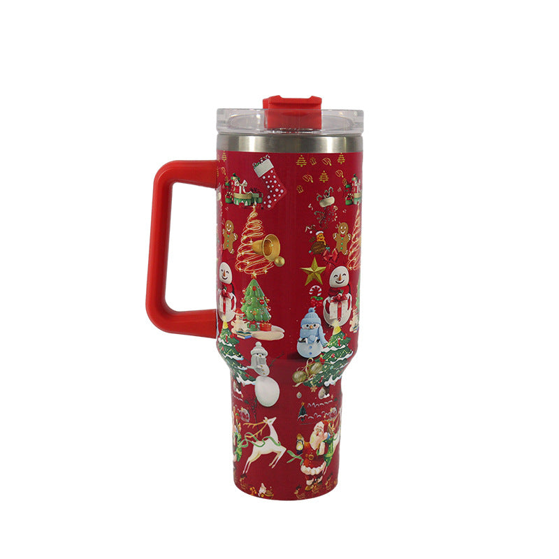 Christmas Pattern Mug With Handle Lid Straw Drinkware Stainless Steel Vacuum Tumbler Large Capacity Car Travel Coffee Cup - Minihomy