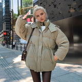 Women's Cotton-padded Coat Stitching Lamb Wool Waist Drawstring Coat