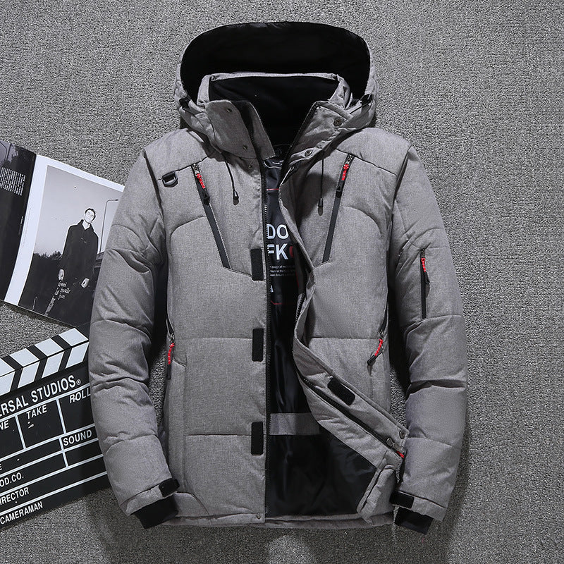 Men's Short Winter Thick White Down Hooded Jacket Multi-pocket Outdoor Set