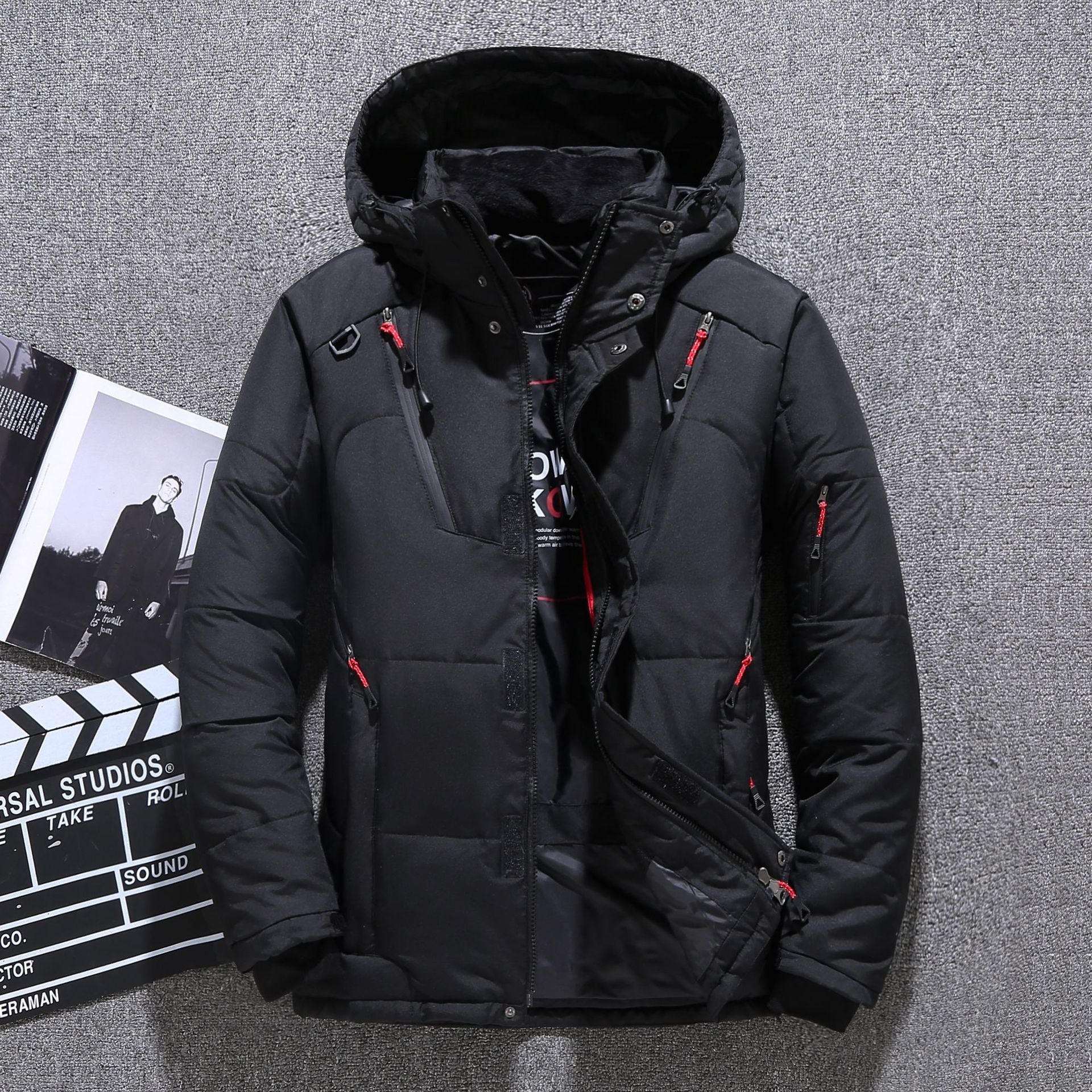 Men's Short Winter Thick White Down Hooded Jacket Multi-pocket Outdoor Set