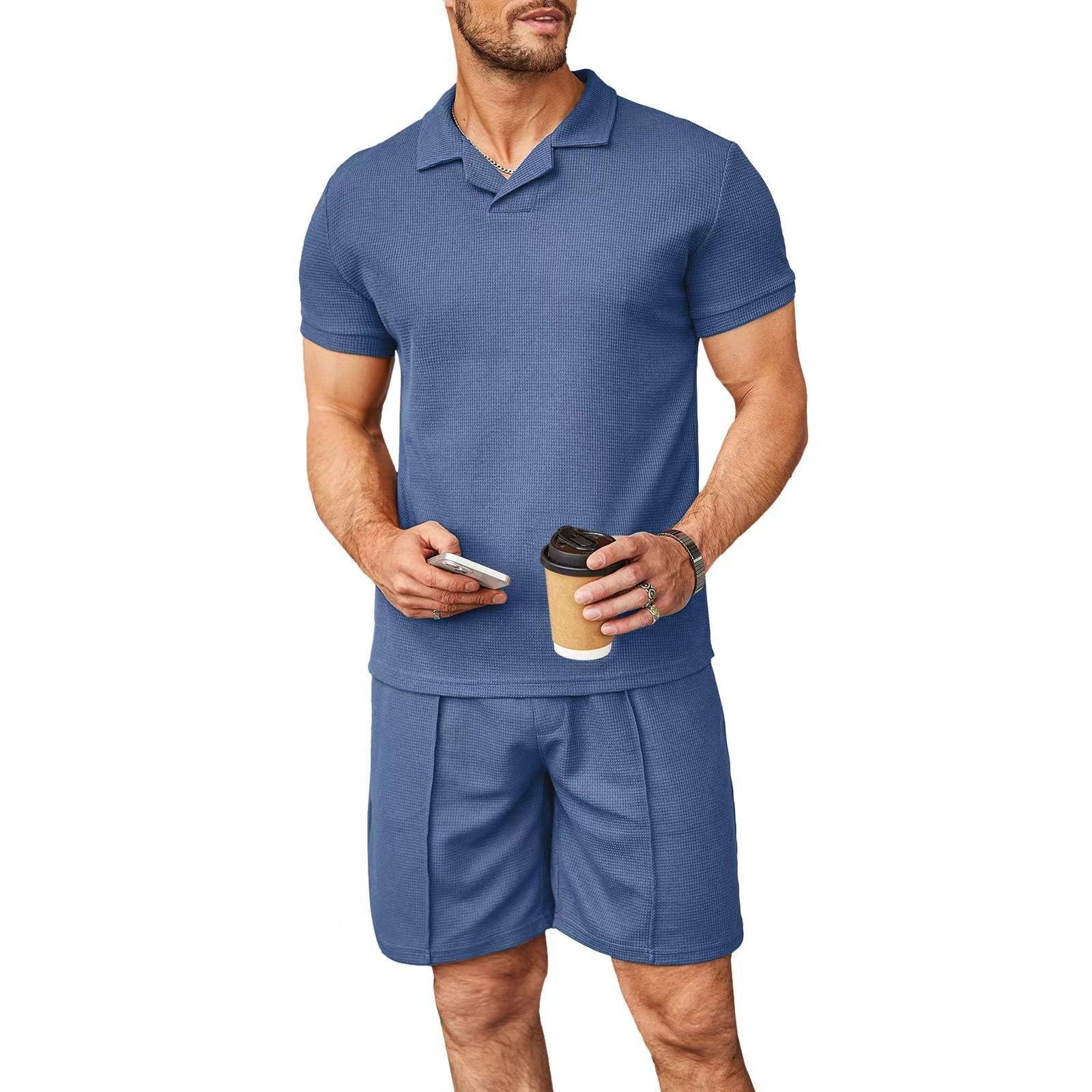 2pcs Set Men V Neck Polo Shirt Lapel Short Sleeve Men's Suit