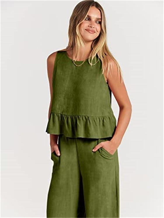 Casual Suit Summer Sleeveless Pleated Vest And Wide-leg Cropped Pants Two Piece Sets