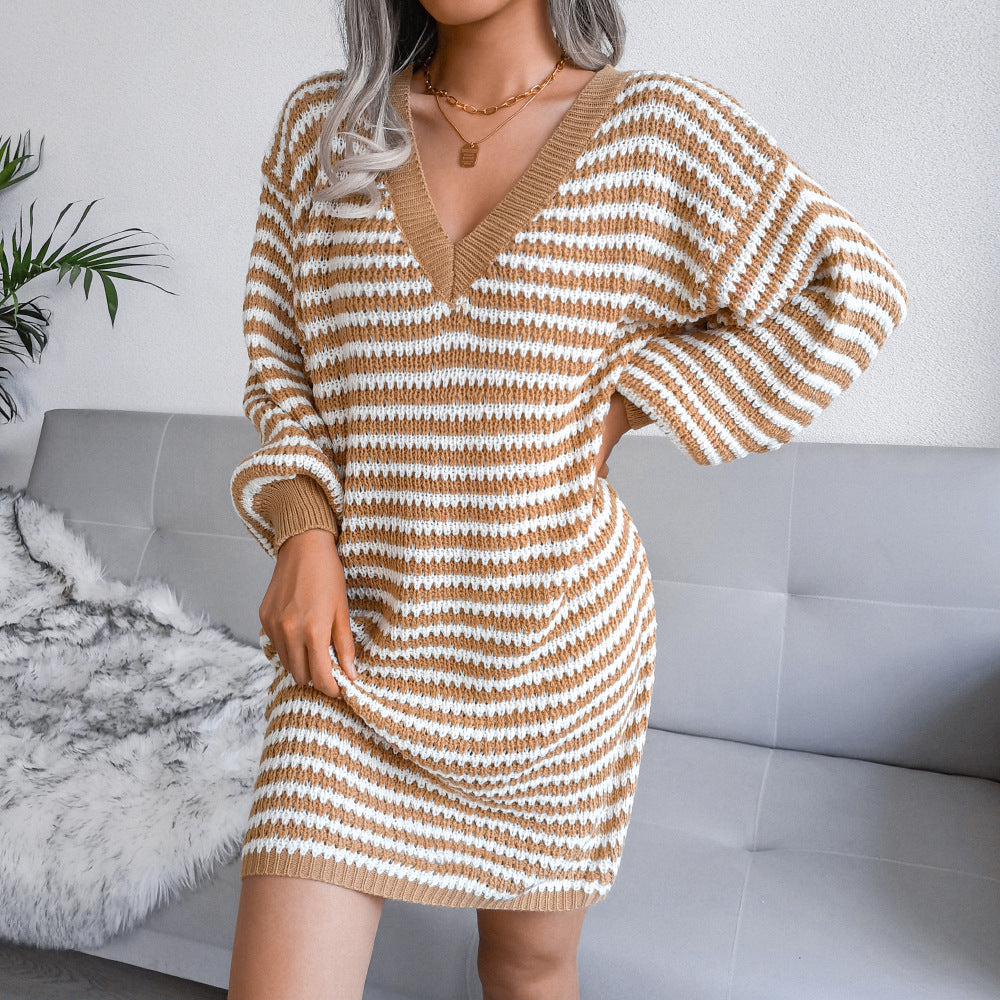 Ins Striped Sweater Dress V-neck Long Sleeve Dresses For Women - Minihomy