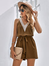 Casual Jumpsuit Lace V-neck Sleeveless Tops Tie-up Shorts Summer Beach Clothes