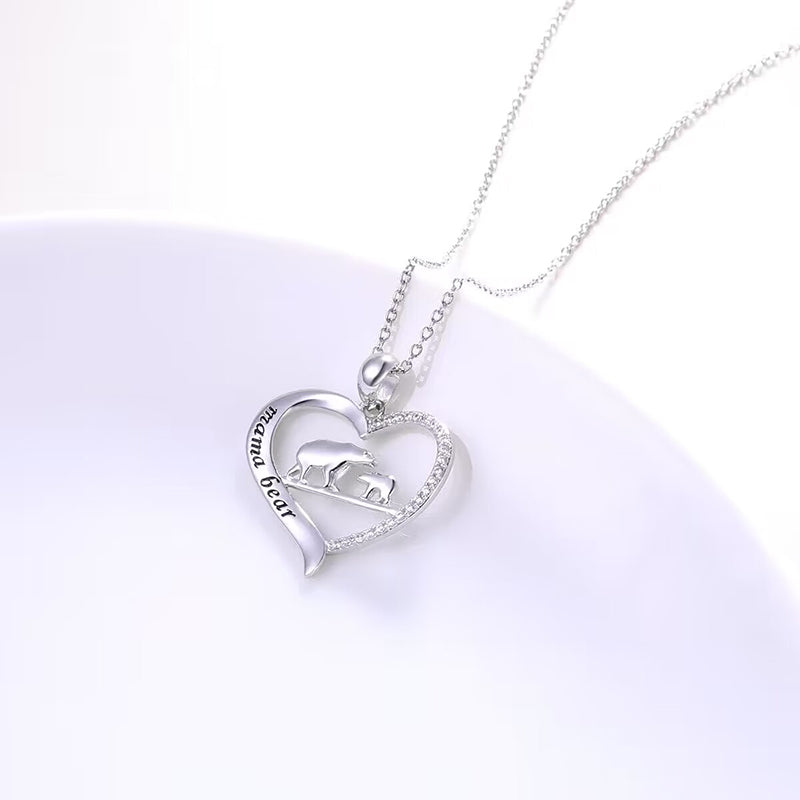 Mama Bear Crystal Heart Pendant Necklace - Minihomy