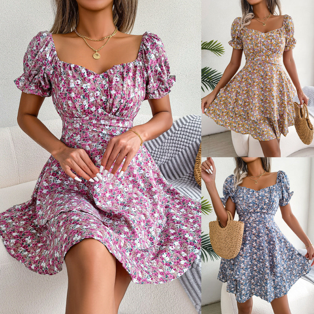 Women's Floral Print Shirring Mini Dress - Summer Casual Short Sleeve High Waist Swing Dress