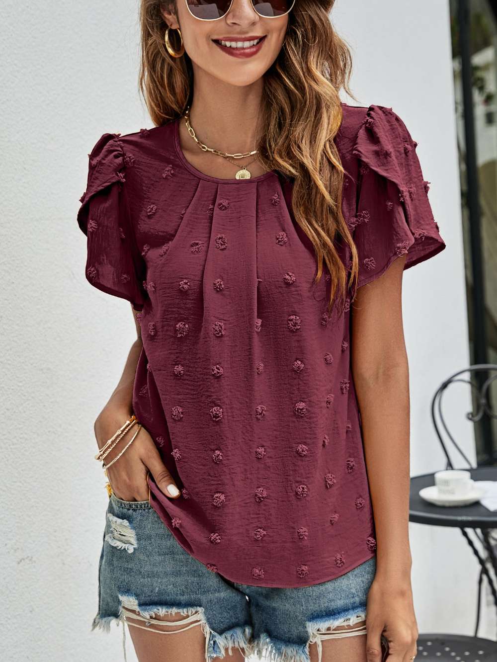 Crew Neck Casual Tulip Sleeve T-shirt Jacquard Top For Women - Minihomy