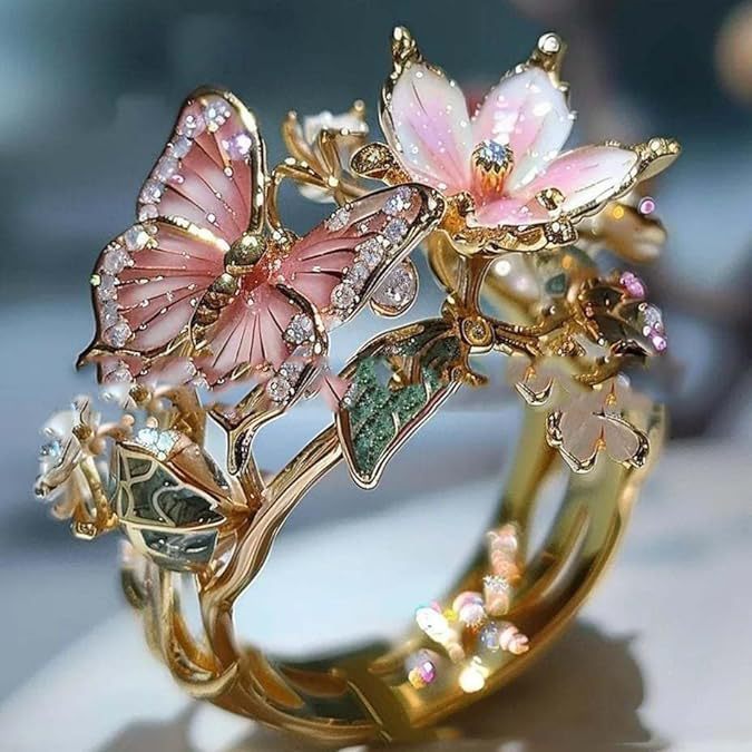 Gold Plated Butterfly Flower Crystal Ring for Women - Elegant Aesthetic Jewelry