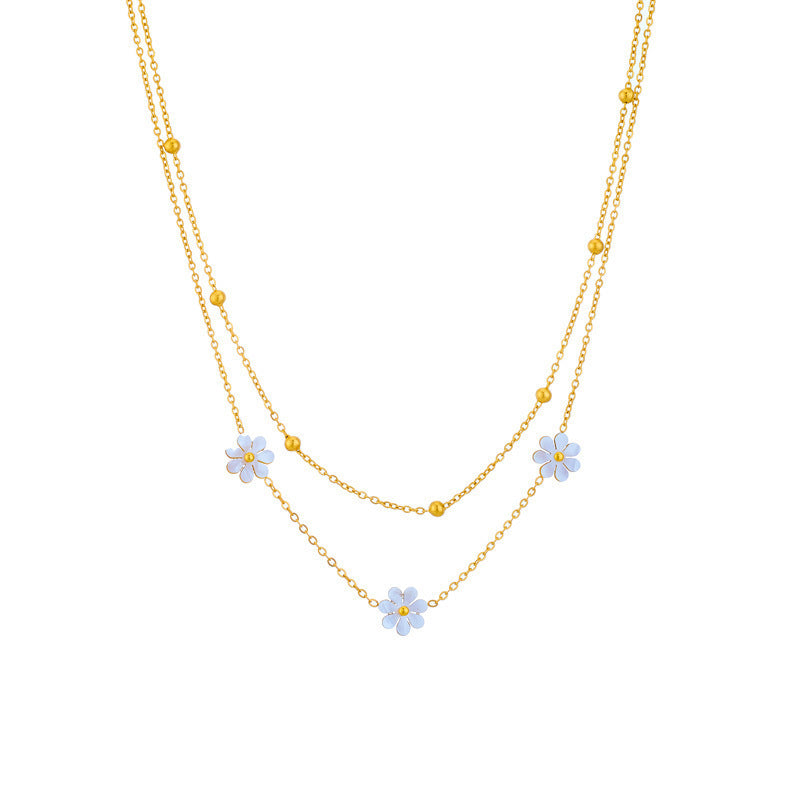 Stainless Steel Flower Daisy Necklace & Earrings Set - Double Layering Jewelry