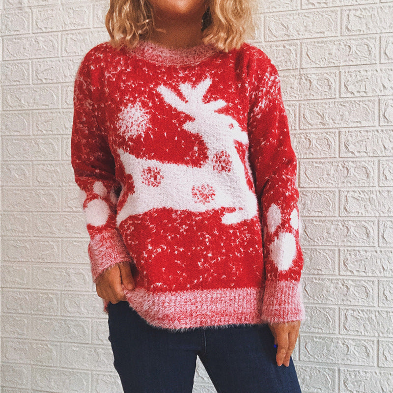 Fawn Snowflake Round Neck Knitted Pullover - Minihomy