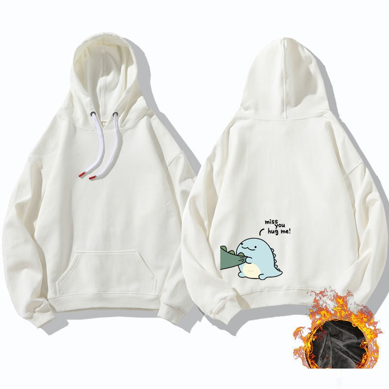 Winter Fleece-lined Hoodie Dinosaur Print Couple Niche Design