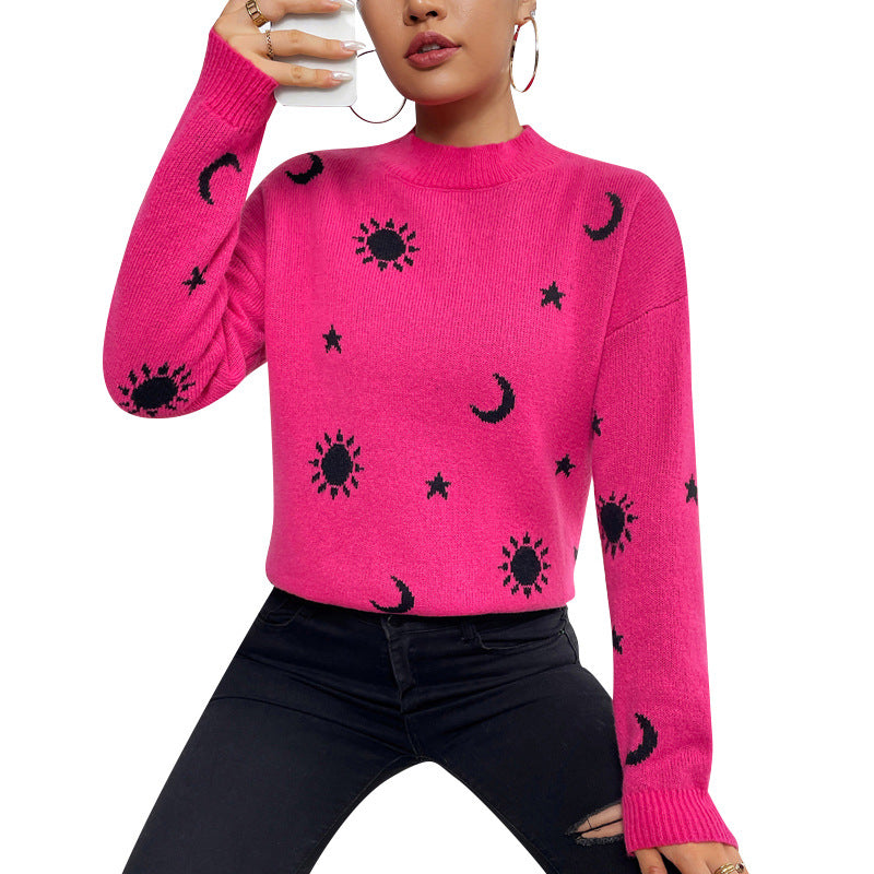 Jacquard Crewneck Pullover Knitted Sweaters For Women Casual Skull Halloween Sweater