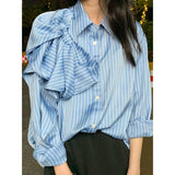 Casual Blue Striped Shirts For Women Lapel Long Sleeve Bowknot Patchwork Blouses